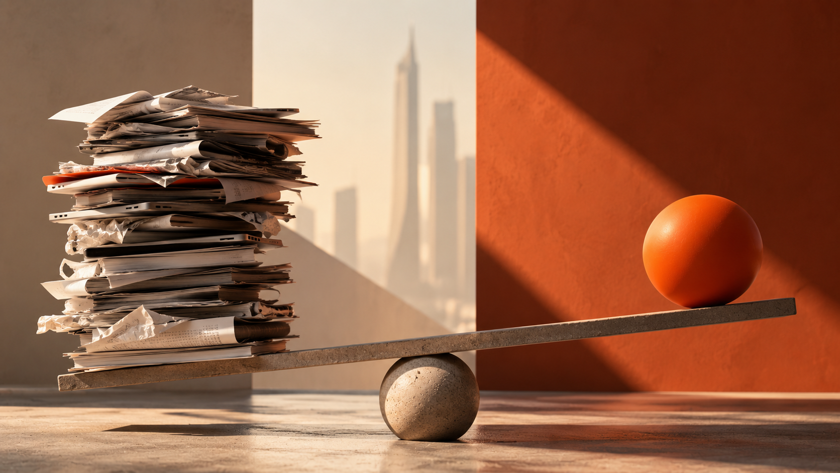 A concrete seesaw balancing a tall stack of documents on one side and a single orange sphere on the other, in front of a sunlit Dubai skyline