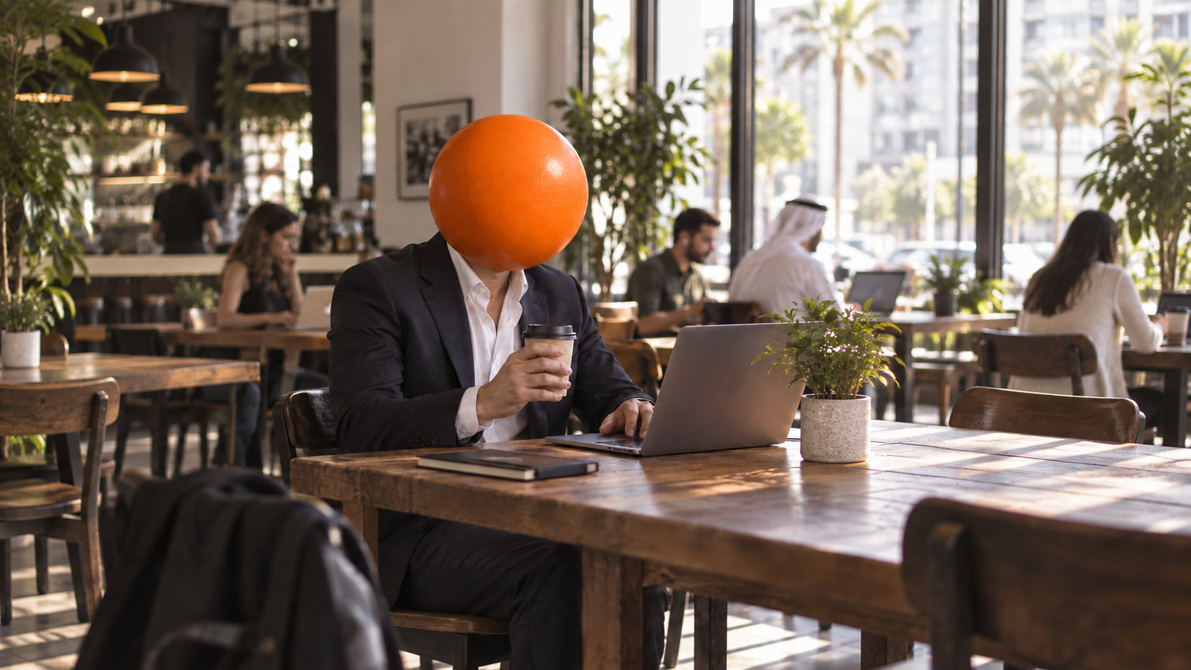 A suited professional with an orange sphere for a head working on a laptop in a sunlit Dubai cafe