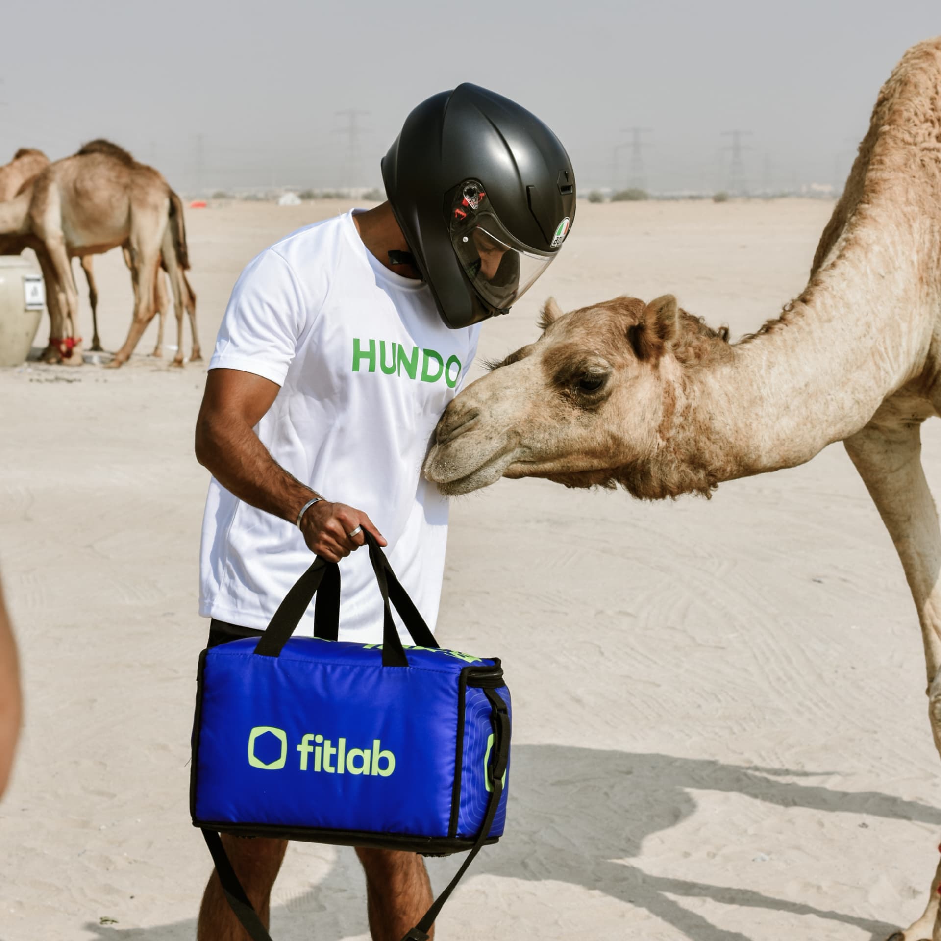 HUNDO brand activation in the desert with a camel and fitlab delivery bag