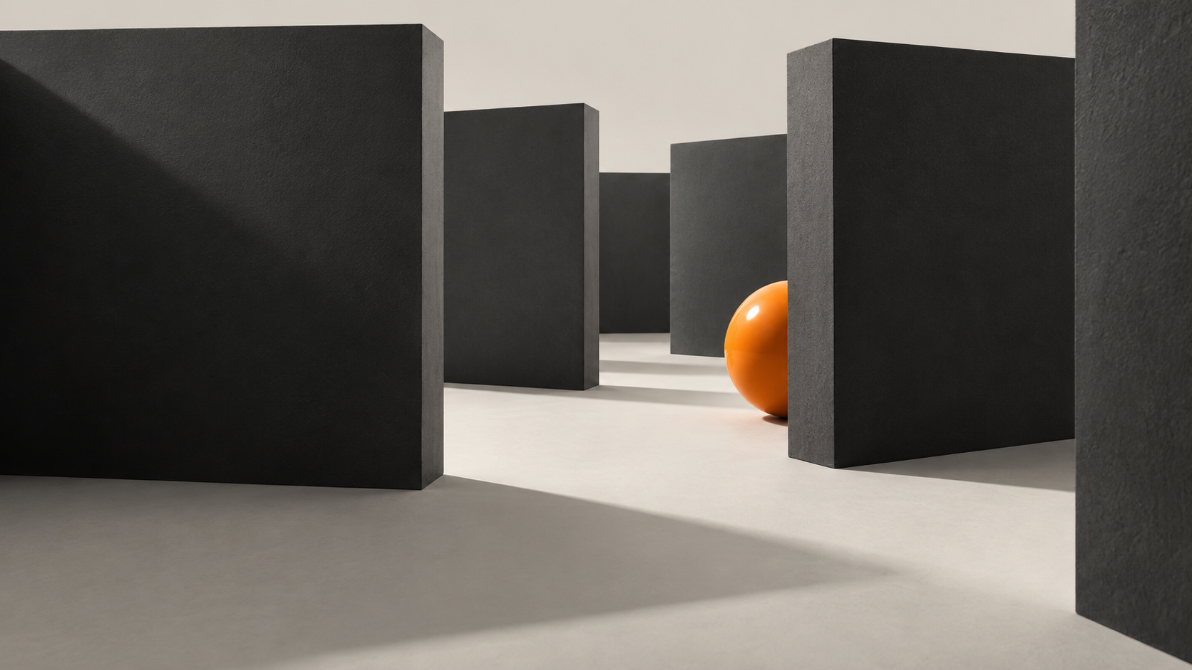 Minimal 3D scene with dark concrete columns and an orange sphere