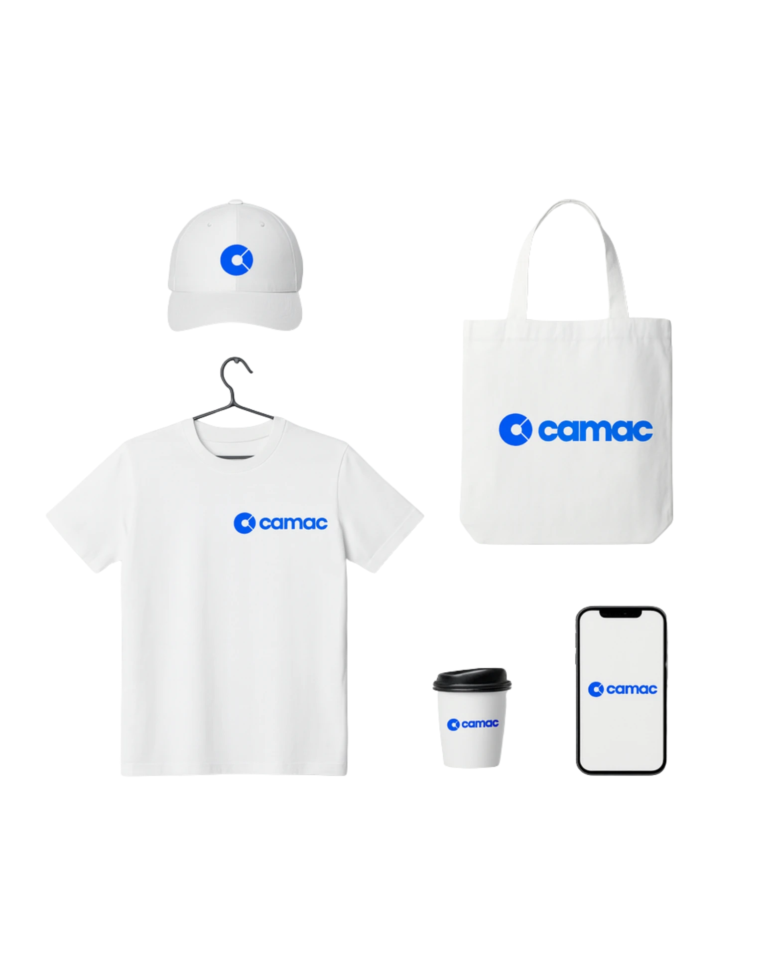 CAMAC rebrand rollout across t-shirt, tote, cap, cup and app